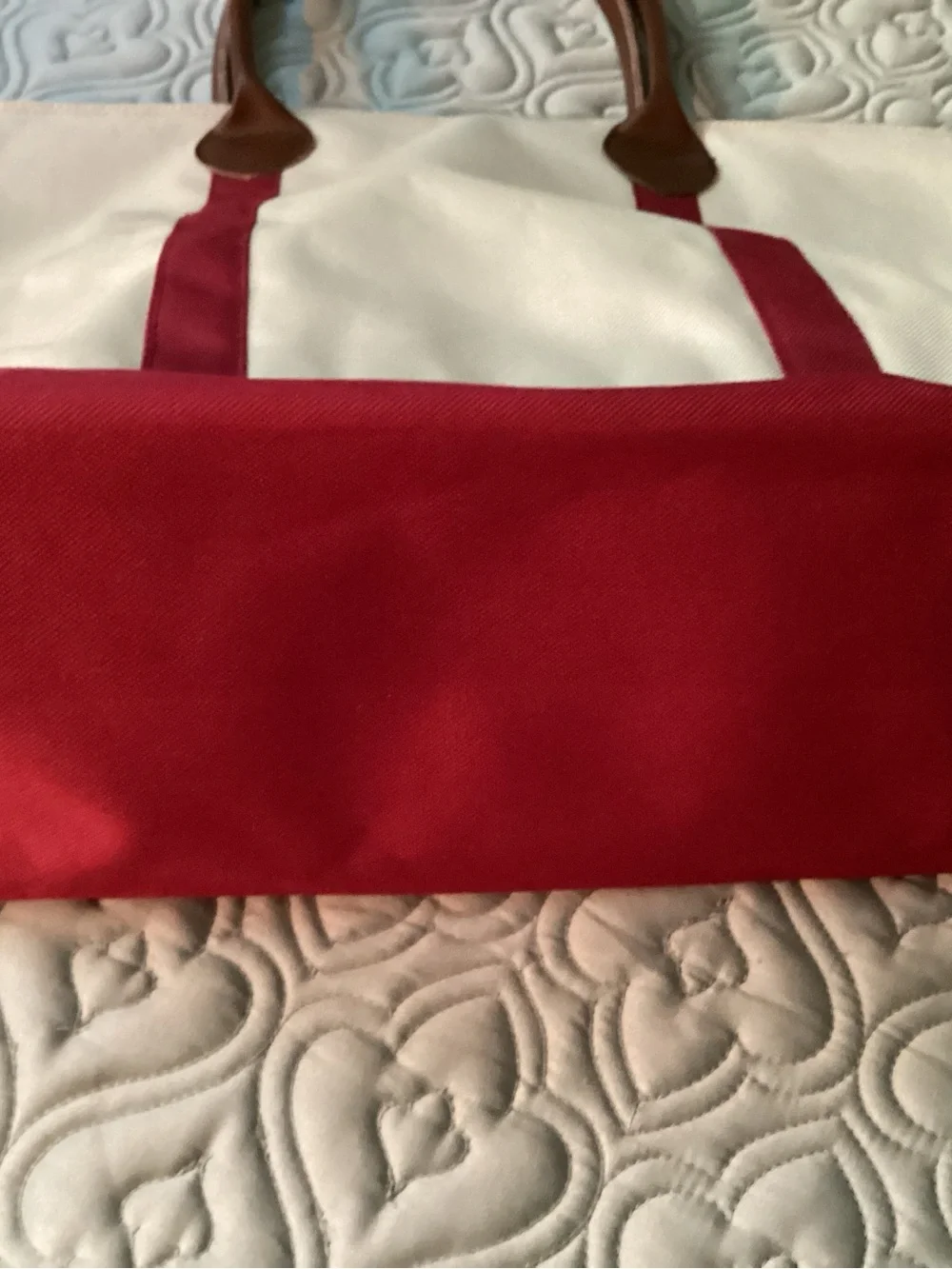 Canvas Tote Bag with red trim , Pink Accent removable heart  and Brown Handles